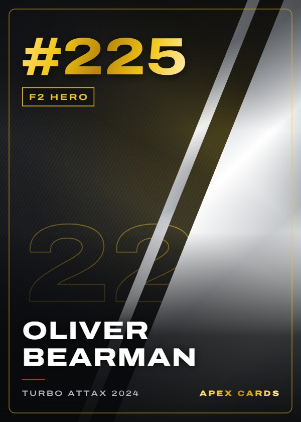 #225 Oliver Bearman — F2 Hero — F1 Turbo Attax 2024