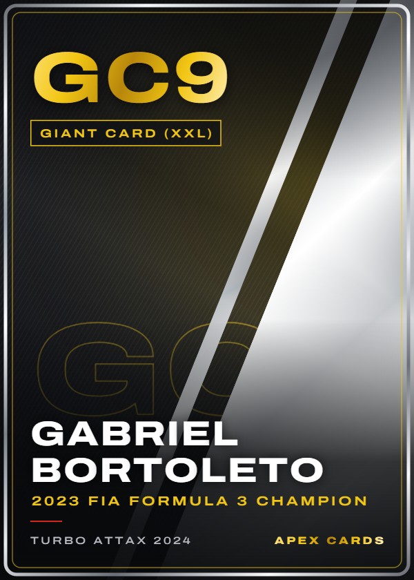 GC9 Gabriel Bortoleto (2023 FIA Formula 3 Champion) — Giant Card (XXL) — F1 Turbo Attax 2024