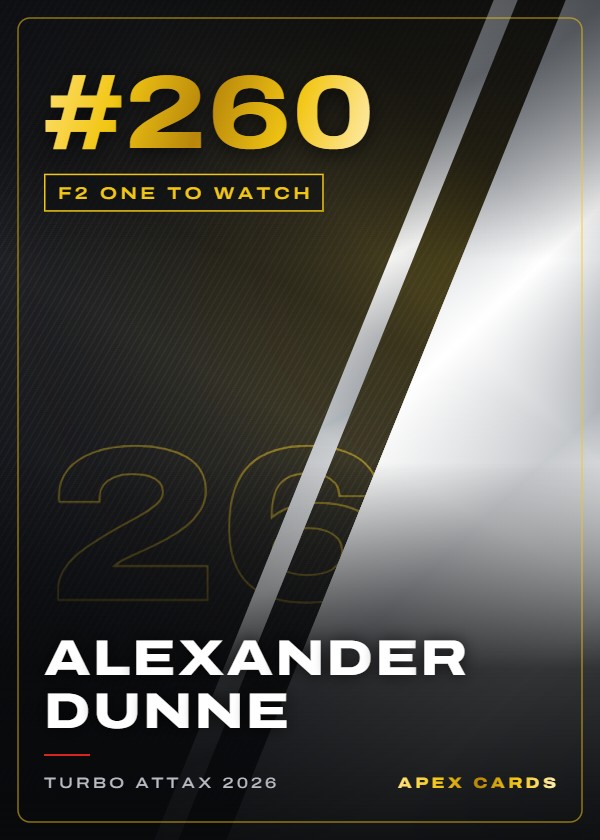 #260 Alexander Dunne — F2 One to Watch — F1 Turbo Attax 2026